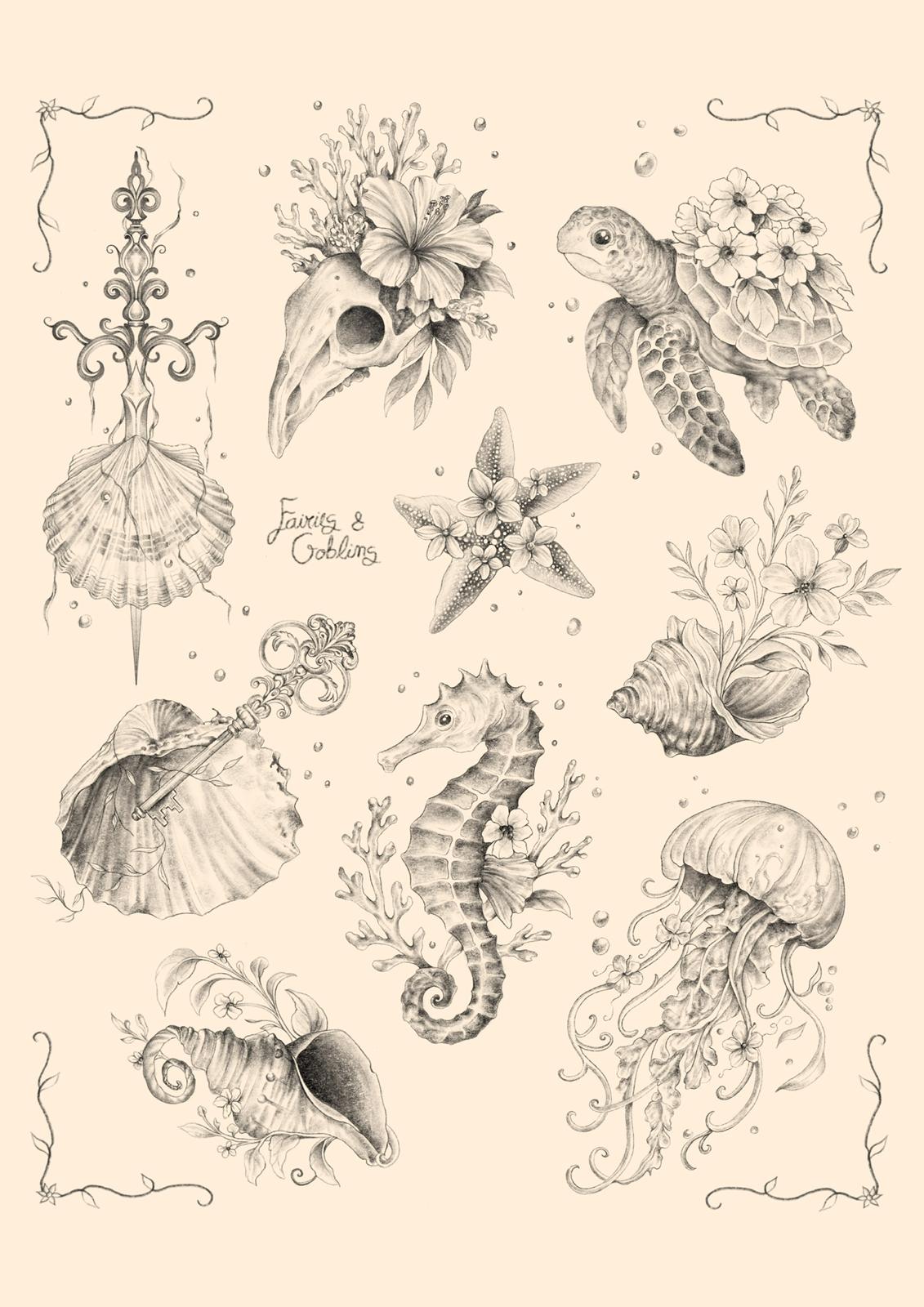 Enchanted Tides flash tattoo sheet by Fairies & Goblins — Lisbon tattoo artist