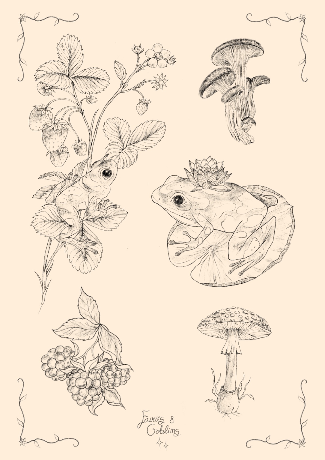 Frogs & Fungi flash tattoo sheet by Fairies & Goblins — Lisbon tattoo artist