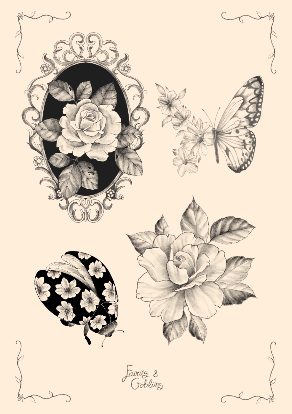 Rose Reverie flash tattoo sheet by Fairies & Goblins — Lisbon tattoo artist