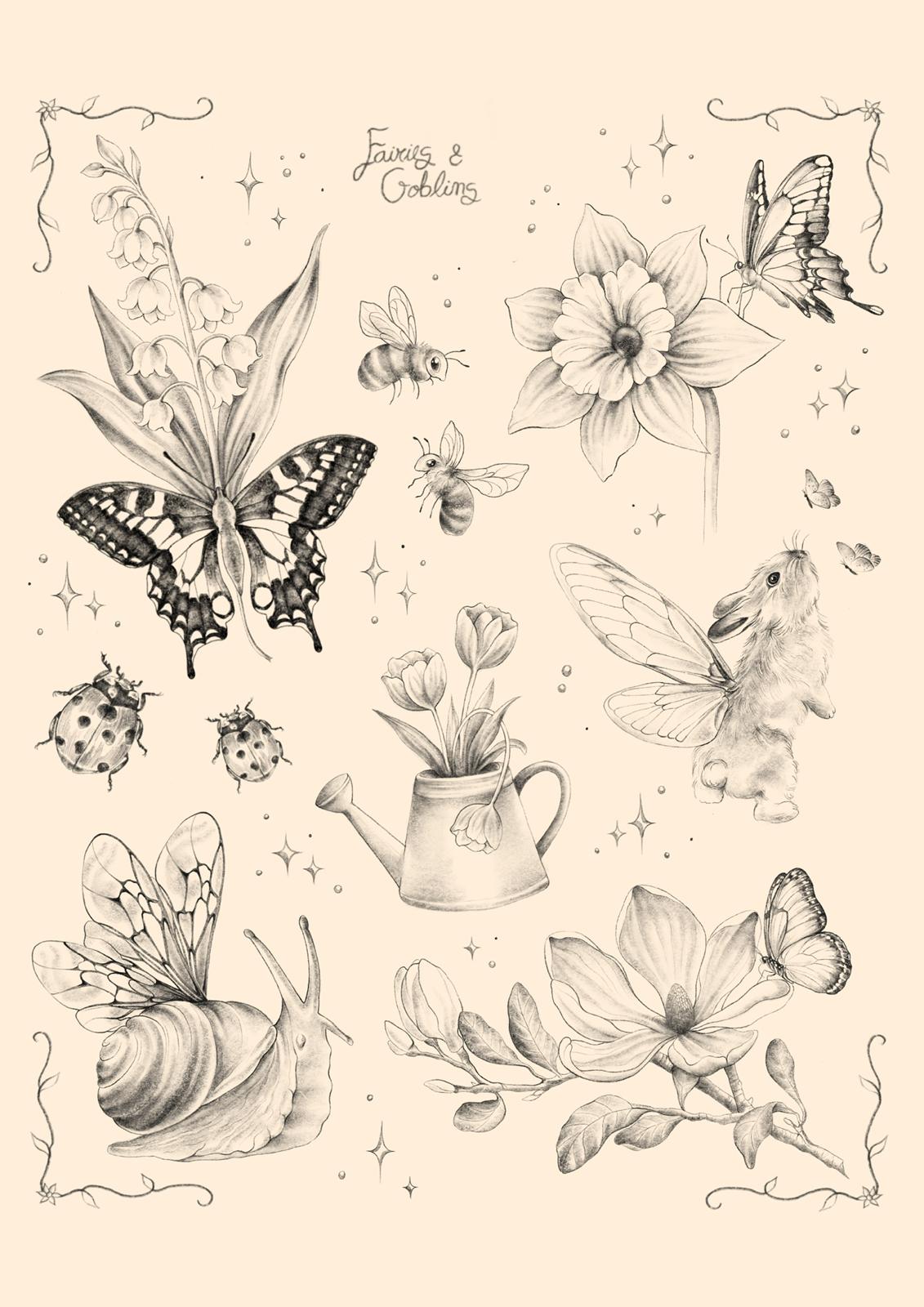 Secret Garden flash tattoo sheet by Fairies & Goblins — Lisbon tattoo artist